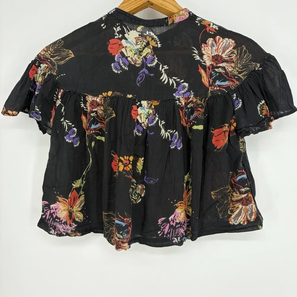 Free People Sweet Escape Top XS Black Floral Baby Doll Flutter Fairy Whimsical